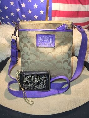 Coach Beige Signature Crossbody w/ Purple Trim &Strap W/Coach Poppy Wrislet $160
